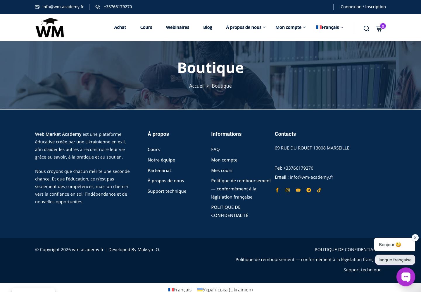 Catalogue / page produit du projet Web Market Academy