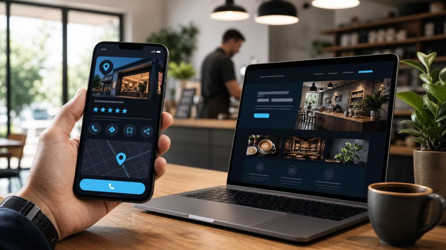 Un client compare la fiche d'un commerce local et son site depuis son téléphone
