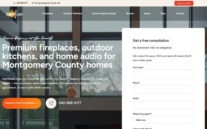 Page d'accueil du site Hearthbeats, revendeur de cheminées dans le Maryland