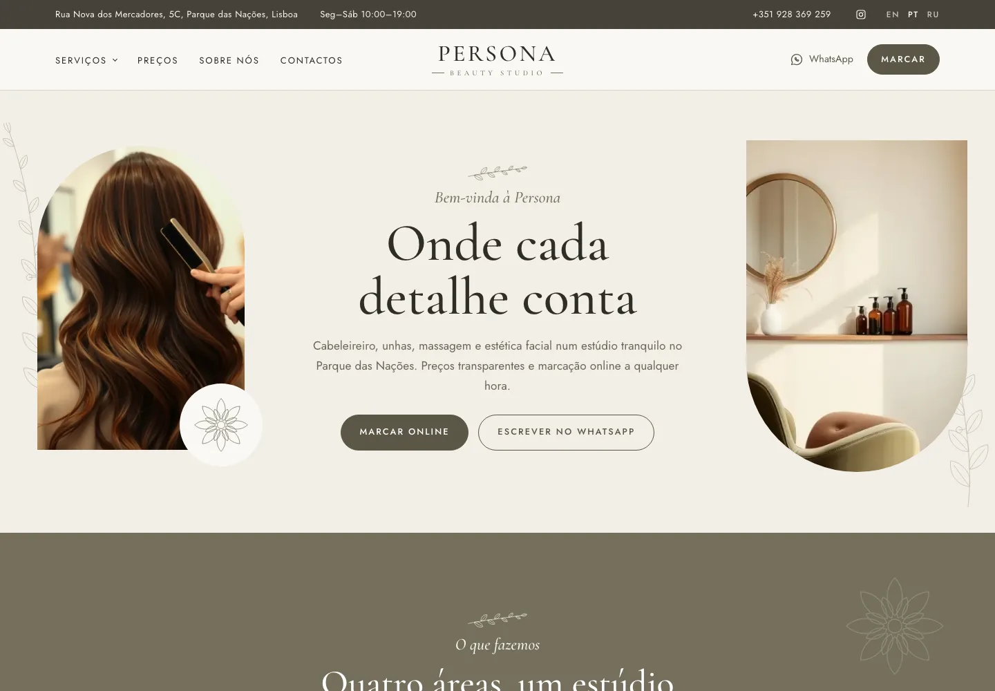 Page d'accueil du site du salon de beauté Persona Beauty Studio à Lisbonne