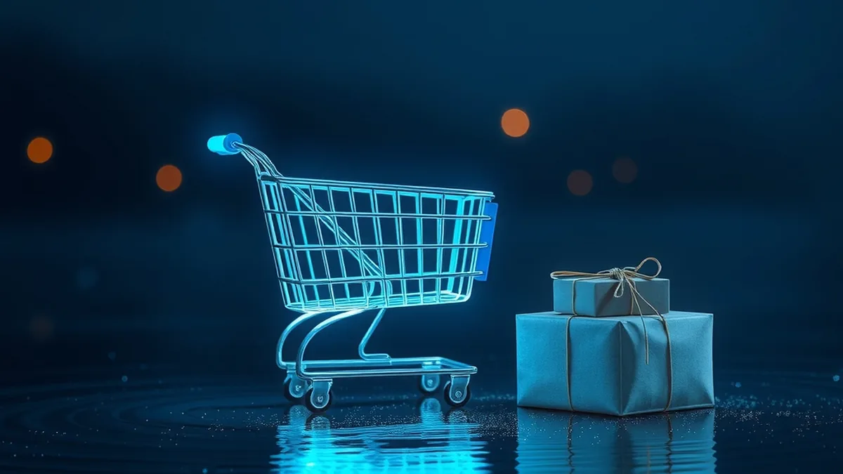 A glowing blue shopping trolley made of thin lines of light standing on dark, still water, two parcels tied with string beside it and warm lights in the distance