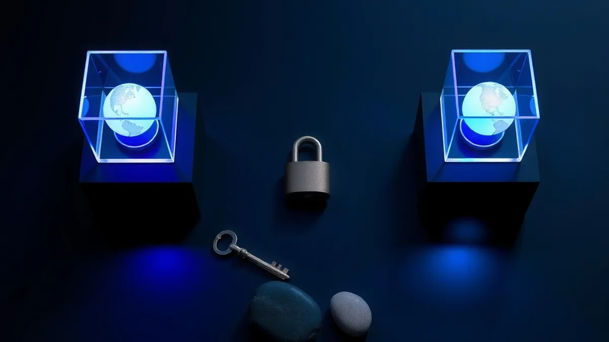 Deux cubes de verre lumineux contenant chacun un globe, posés sur des socles sombres, avec un cadenas et une clé en métal entre eux et deux galets lisses au premier plan