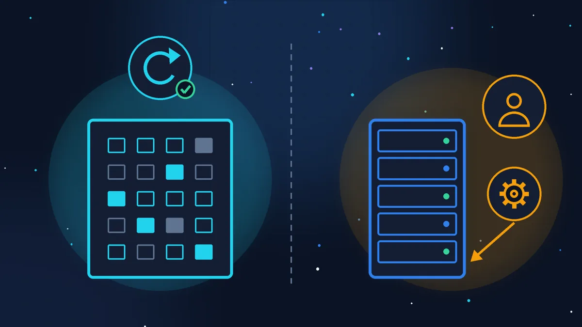 A diagram in two halves: on the left, a shared hosting building whose many windows stand for websites, with an update icon and a green tick above it; on the right, a separate server cabinet next to icons of a person and a gear, with an arrow from the gear to the server