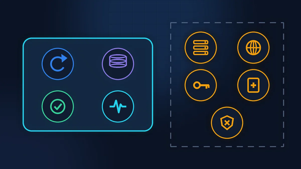 Diagram of a maintenance plan: inside the frame, updates, backup, check and monitoring; outside, set apart, a hosting server, a domain, a licence key, a new page and a shield after a hack