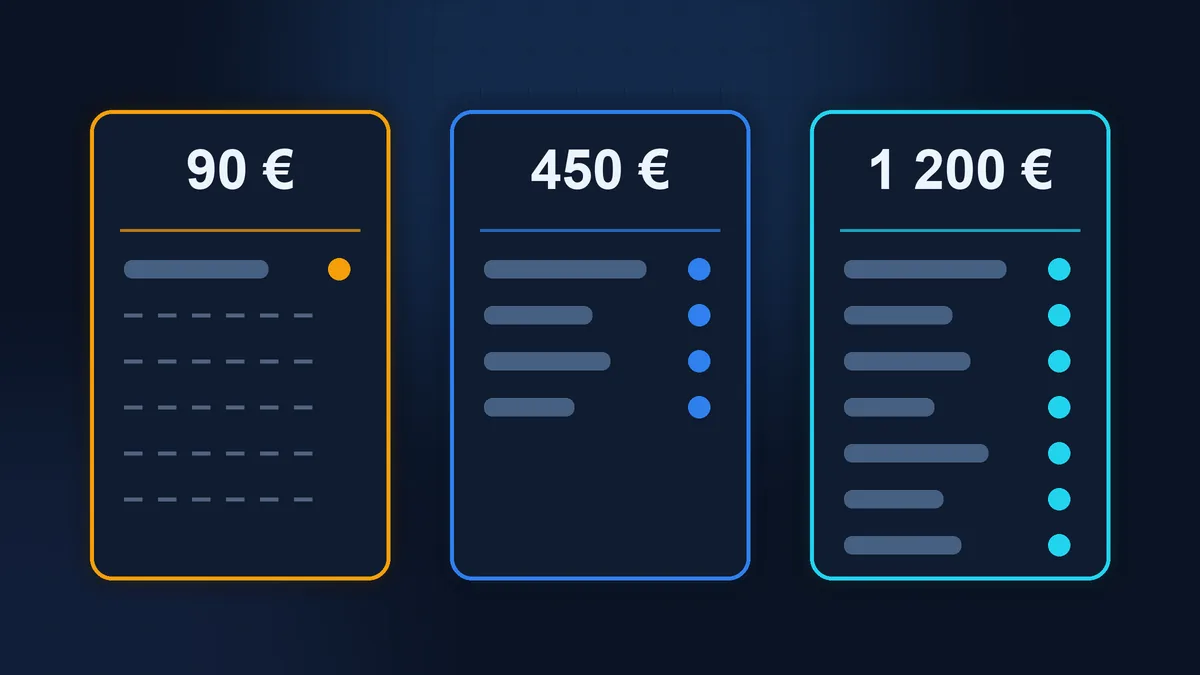Trois devis côte à côte : 90 euros avec une seule ligne de travaux, 450 euros avec quatre lignes et 1200 euros avec sept