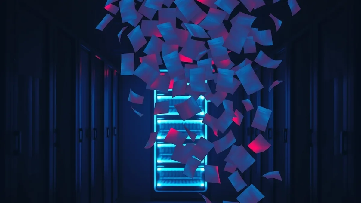 Un nuage de feuilles identiques s'échappe d'une baie de serveurs dans un couloir sombre : un site sur lequel un pirate a multiplié les pages de spam